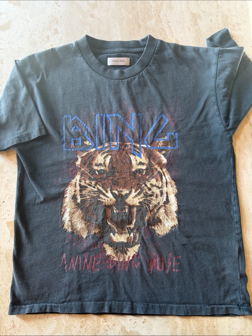 Anine Bing Black Tee with Blue Logo and Brown Tiger Graphic